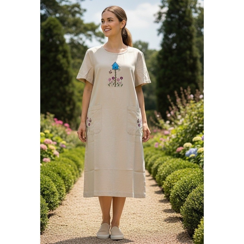 Blair Shirt Dress Womens M Beige Embroidery Floral Grannycore Coastal Minimalist